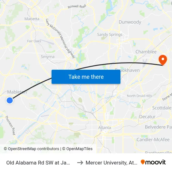 Old Alabama Rd SW at James Rd to Mercer University, Atlanta map