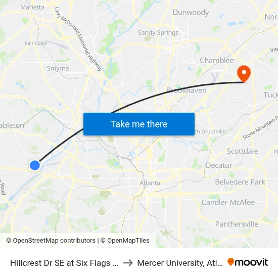 Hillcrest Dr SE at Six Flags Pkwy to Mercer University, Atlanta map
