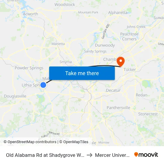 Old Alabama Rd at Shadygrove Walk (Not 25 Timepoin to Mercer University, Atlanta map