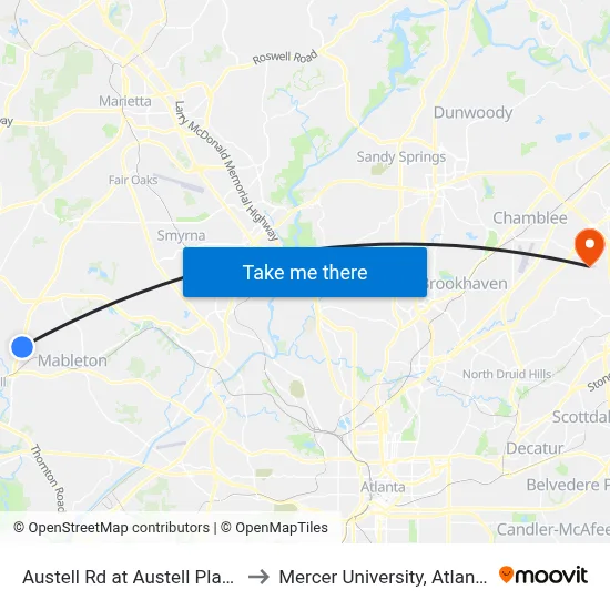 Austell Rd at Austell Plaza to Mercer University, Atlanta map