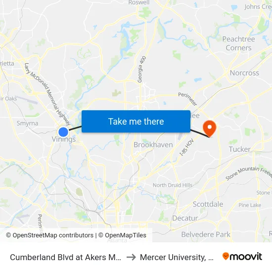 Cumberland Blvd at Akers Mill Rd SE to Mercer University, Atlanta map