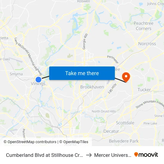 Cumberland Blvd at Stillhouse Creek Dr/Riverwood P to Mercer University, Atlanta map