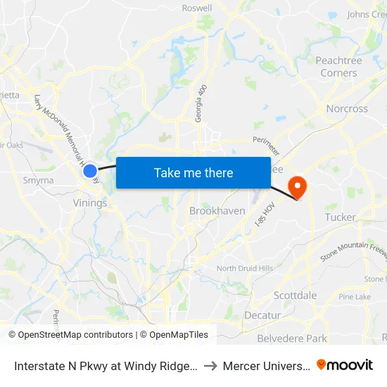 Interstate N Pkwy at Windy Ridge Pkwy SE / Cobb CH to Mercer University, Atlanta map