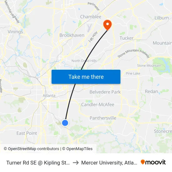 Turner Rd SE @ Kipling St SE to Mercer University, Atlanta map