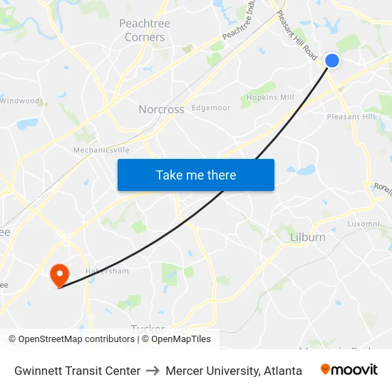 Gwinnett Transit Center to Mercer University, Atlanta map