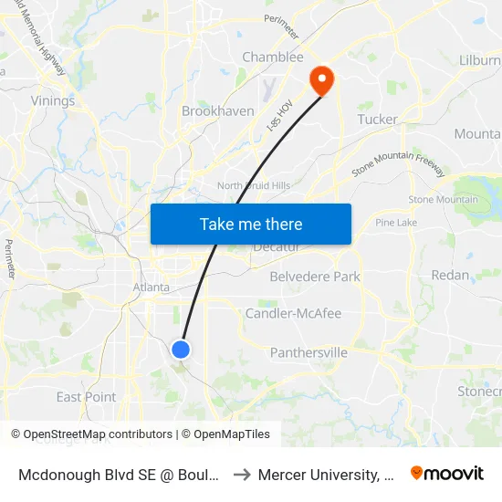 Mcdonough Blvd SE @ Boulevard SE to Mercer University, Atlanta map