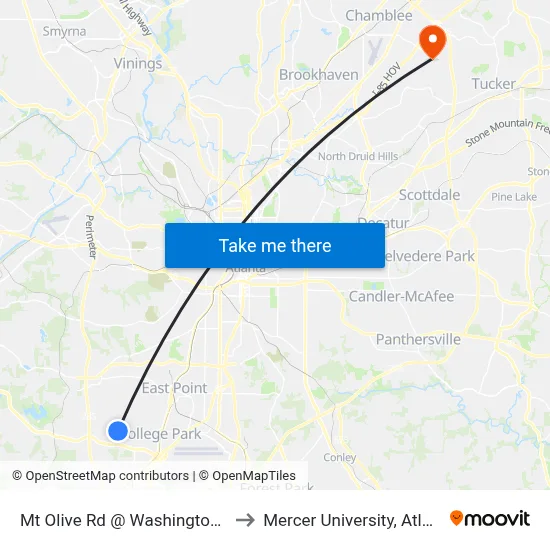 Mt Olive Rd @ Washington Rd to Mercer University, Atlanta map