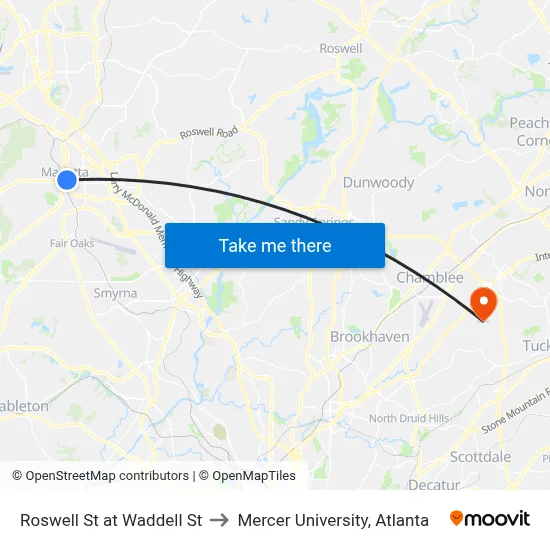 Roswell St at Waddell St to Mercer University, Atlanta map