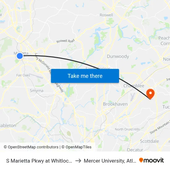 S Marietta Pkwy at Whitlock Ave to Mercer University, Atlanta map