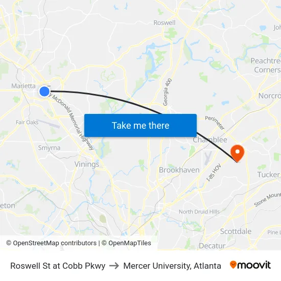 Roswell St at Cobb Pkwy to Mercer University, Atlanta map