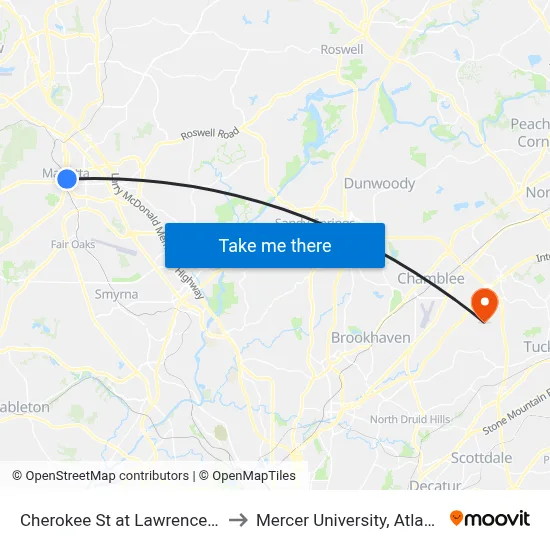 Cherokee St at Lawrence St to Mercer University, Atlanta map