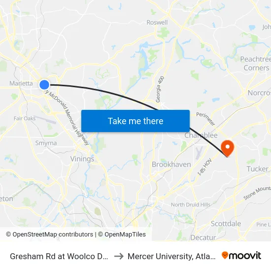Gresham Rd at Woolco Dr Tt to Mercer University, Atlanta map