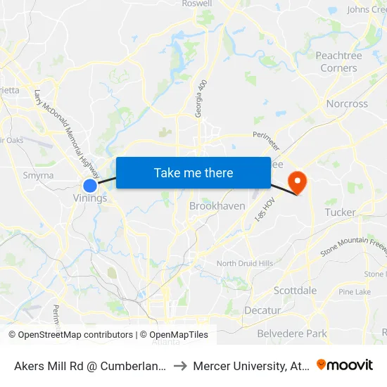 Akers Mill Rd @ Cumberland Blvd to Mercer University, Atlanta map