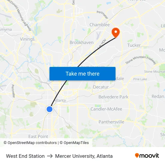 West End Station to Mercer University, Atlanta map