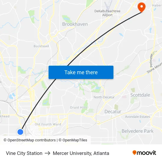 Vine City Station to Mercer University, Atlanta map