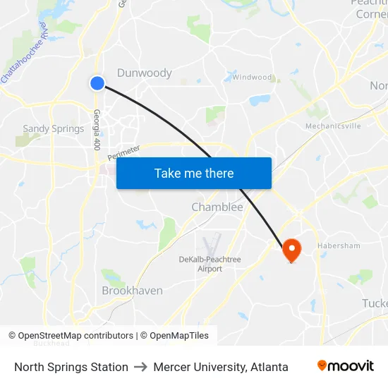 North Springs Station to Mercer University, Atlanta map