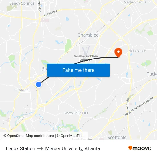 Lenox Station to Mercer University, Atlanta map