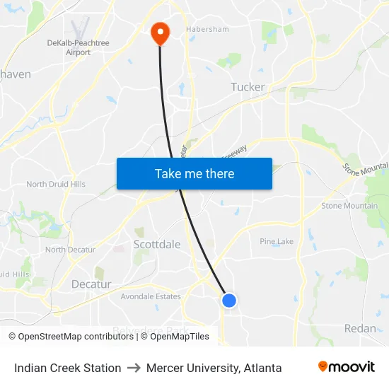 Indian Creek Station to Mercer University, Atlanta map