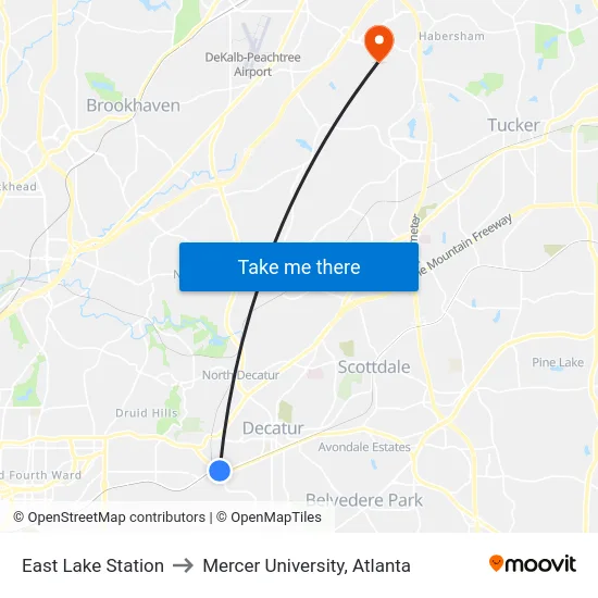 East Lake Station to Mercer University, Atlanta map