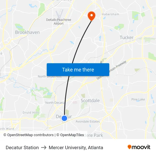 Decatur Station to Mercer University, Atlanta map