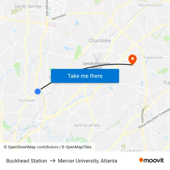 Buckhead Station to Mercer University, Atlanta map