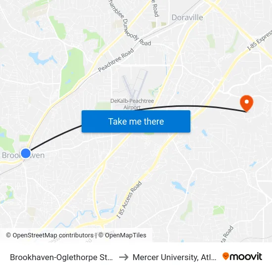 Brookhaven-Oglethorpe Station to Mercer University, Atlanta map