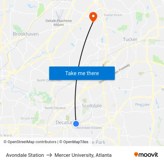 Avondale Station to Mercer University, Atlanta map