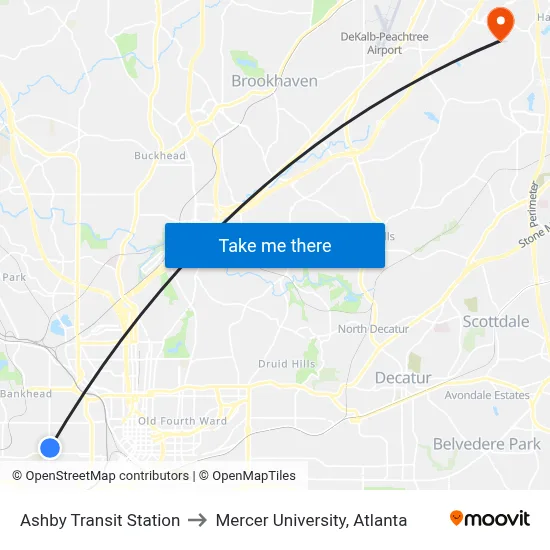 Ashby Transit Station to Mercer University, Atlanta map