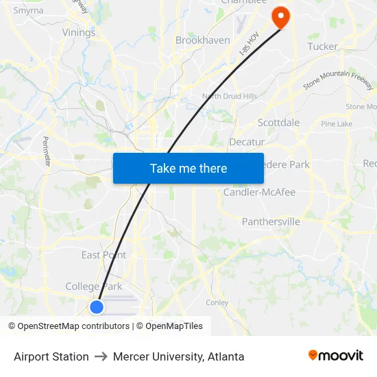 Airport Station to Mercer University, Atlanta map