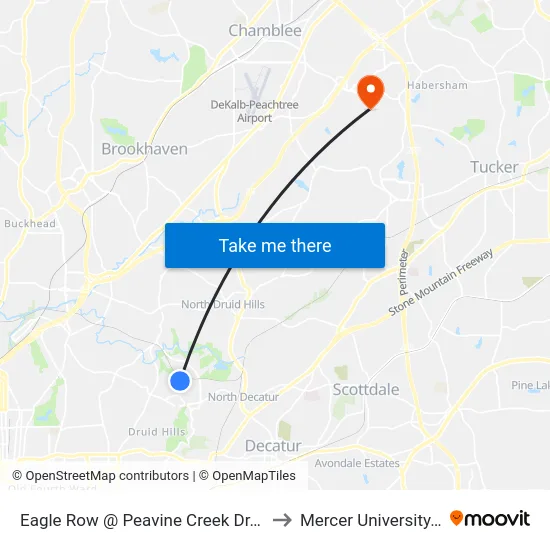 Eagle Row @ Peavine Creek Dr. (Eastbound) to Mercer University, Atlanta map