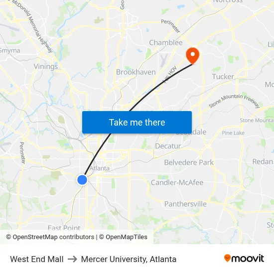 West End Mall to Mercer University, Atlanta map
