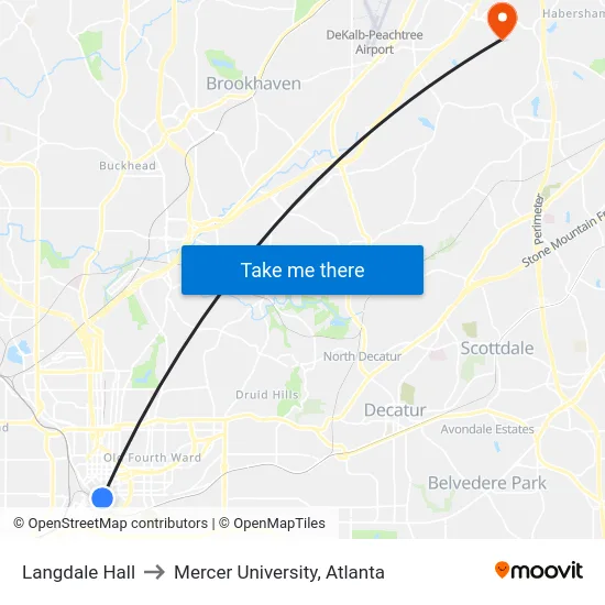 Langdale Hall to Mercer University, Atlanta map