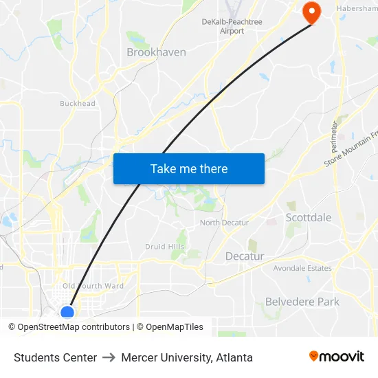 Students Center to Mercer University, Atlanta map