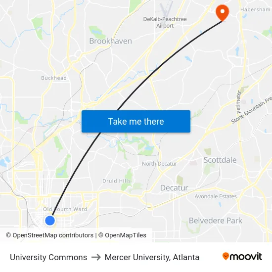 University Commons to Mercer University, Atlanta map
