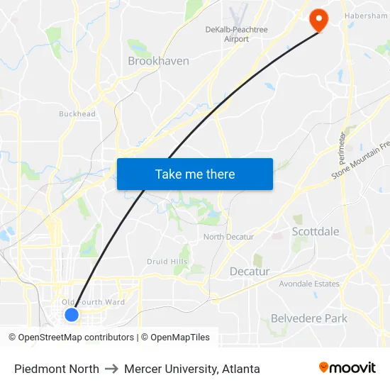 Piedmont North to Mercer University, Atlanta map