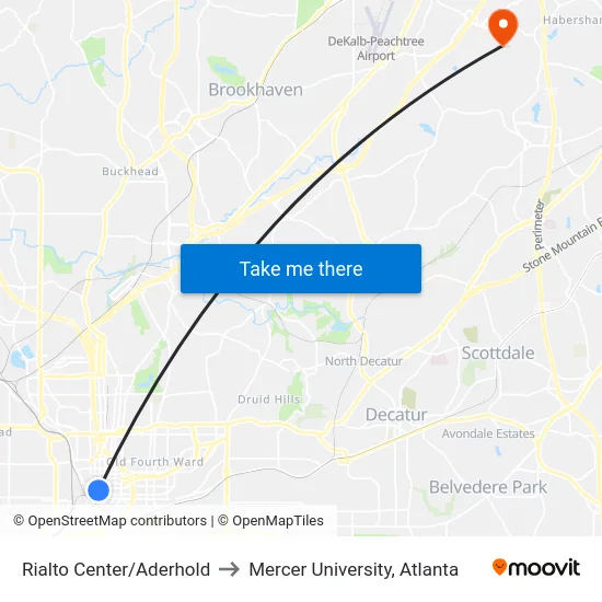 Rialto Center/Aderhold to Mercer University, Atlanta map