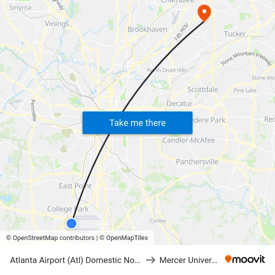 Atlanta Airport (Atl) Domestic North Terminal Dropoffs to Mercer University, Atlanta map