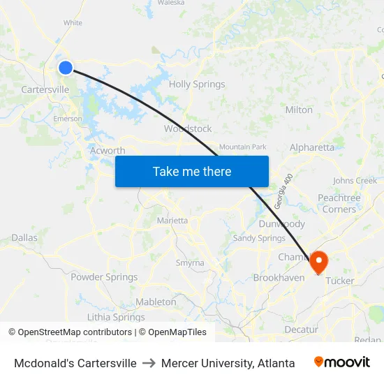 Mcdonald's Cartersville to Mercer University, Atlanta map