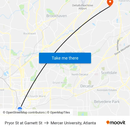Pryor St at Garnett St to Mercer University, Atlanta map