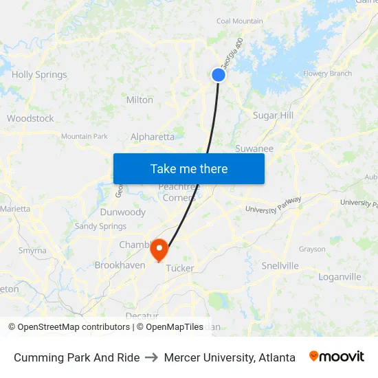 Cumming Park And Ride to Mercer University, Atlanta map