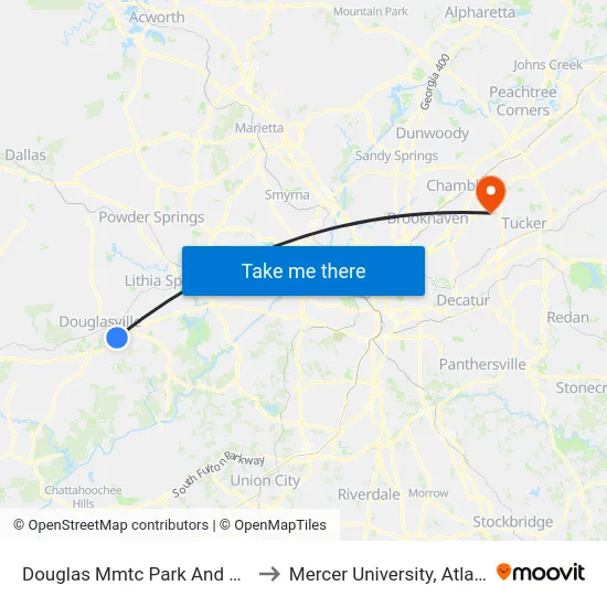 Douglas Mmtc Park And Ride to Mercer University, Atlanta map
