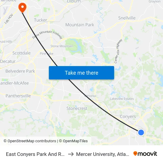 East Conyers Park And Ride to Mercer University, Atlanta map
