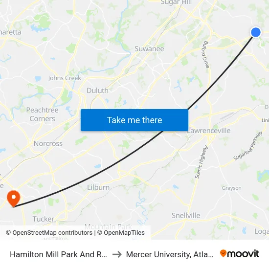 Hamilton Mill Park And Ride to Mercer University, Atlanta map