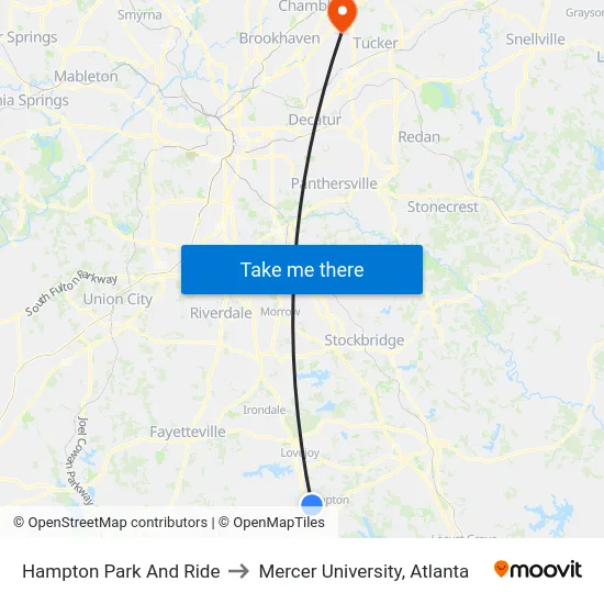 Hampton Park And Ride to Mercer University, Atlanta map