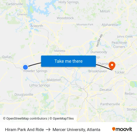 Hiram Park And Ride to Mercer University, Atlanta map