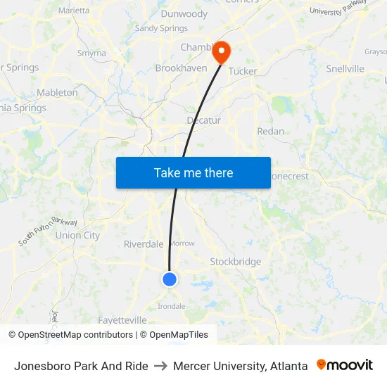 Jonesboro Park And Ride to Mercer University, Atlanta map