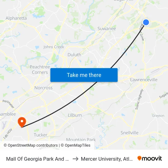 Mall Of Georgia Park And Ride to Mercer University, Atlanta map