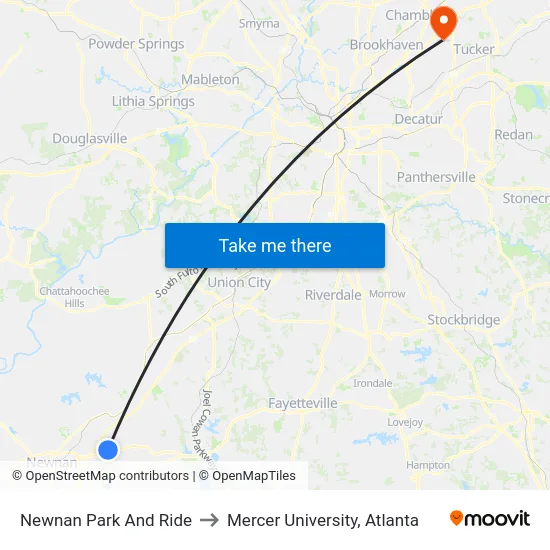 Newnan Park And Ride to Mercer University, Atlanta map