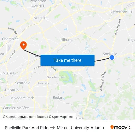Snellville Park And Ride to Mercer University, Atlanta map
