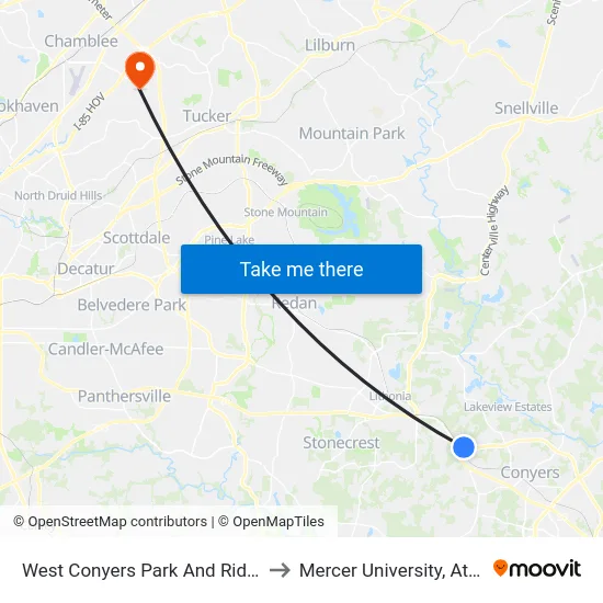 West Conyers Park And Ride (Dt) to Mercer University, Atlanta map